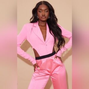 Pretty Little Thing Tall Pink Plunge Cut Out Long Sleeve Blazer Bodysuit